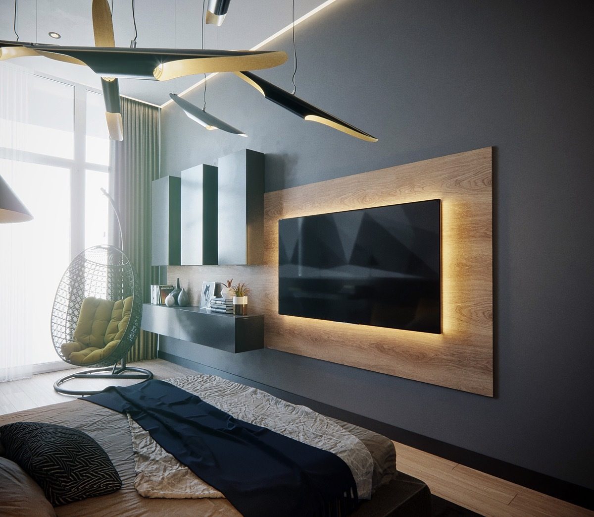 Backlit walnut slat accent wall with a flat-screen TV recessed into the panelling