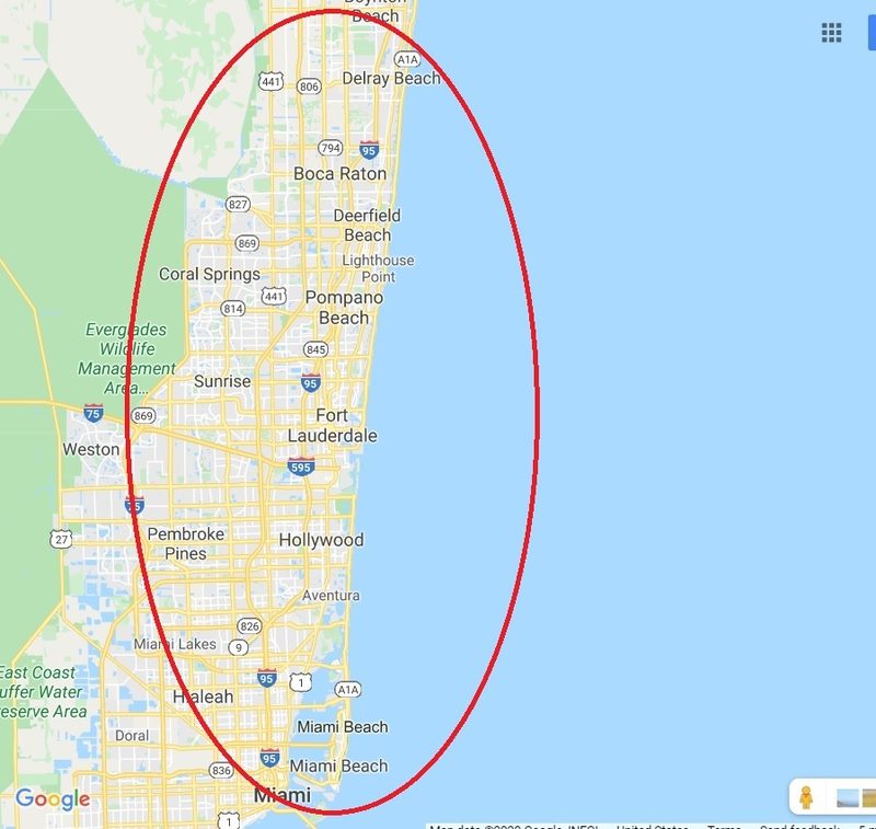 Map of the Broward County service area covering Fort Lauderdale north to Boca Raton and south to Miami