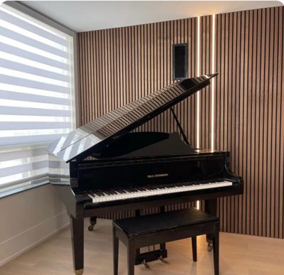 Floor-to-ceiling vertical wood slat panelling behind a black grand piano in a bright room