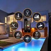 Smart home control icons overlaid on a lit poolside patio at dusk